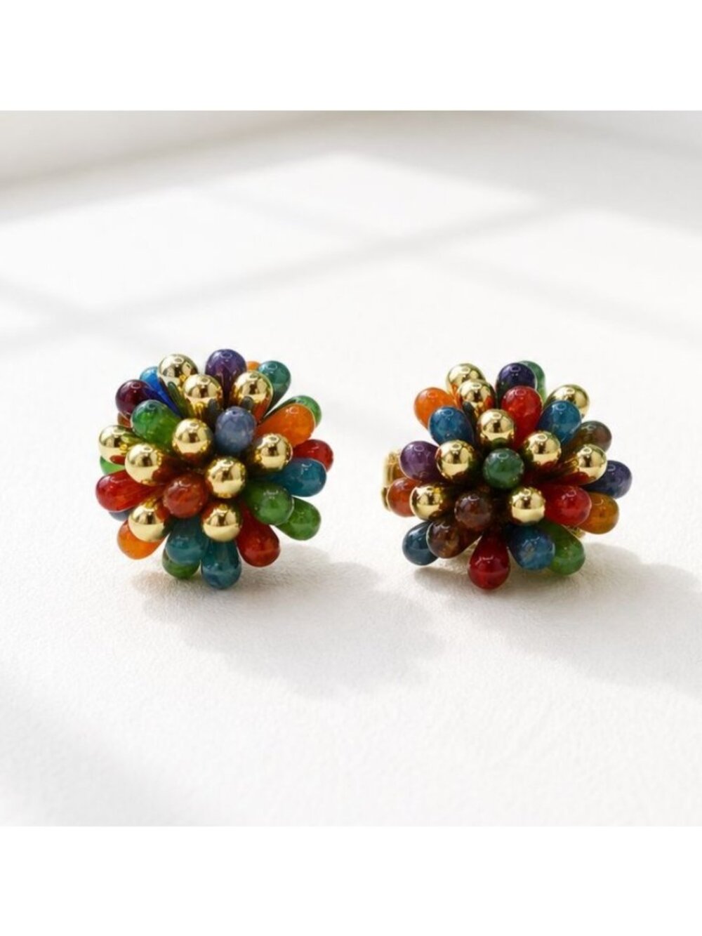 Vintage Multicolor Beaded Clip-On Earrings With Gold-Tone Accents Retro Style Un